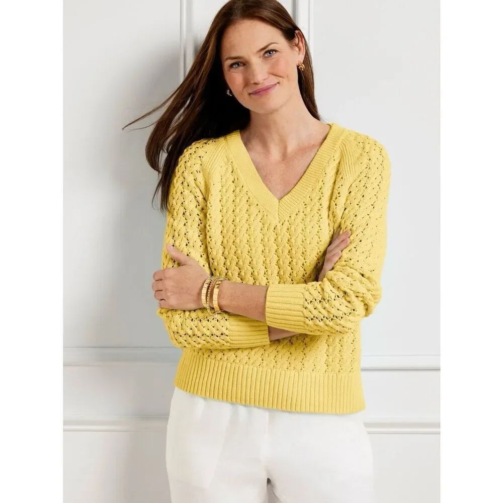 Talbots Yellow Cable Knit V Neck Sweater 100% Cotton Long Sleeve Pullover